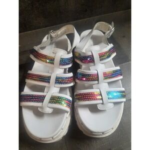 SKECHERS White Jammers Triple Rainbow Sparkly Sequin Sandals Womens Sz 7